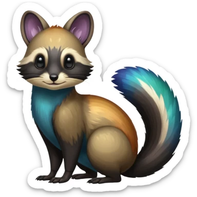 Colorful onyx-obsidian-pitch-black and iridescent Cacomistle-Bunnelby-Numbat-Ferret-hybrid-fusion-animal-creature, full body  sticker