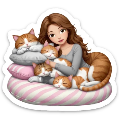 girl with long wavy brown hair, brown eyes, long lashes makeup, sexy pink lips, light to medium complexion,  sleeping on a cozy pillow, with 6 cats: 1 brown and white tabby cat, 1 ginger and white, 2 grey and white, 1 grey with white mittens and small white patch on chest and 1 calico, sleeping sticker