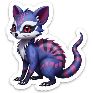 Rare warm-colored exotic gloomy tropical edgy cute epic aesthetic spooky indigo purple white black red gothic colorful Salandit-Furret-Espurr-Meowstic-Civet-species-Fakemon-hybrid-creature, with tribal tattoo markings, full body sticker