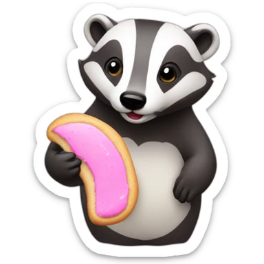 A badger with a white cookie with pink Swirl sticker