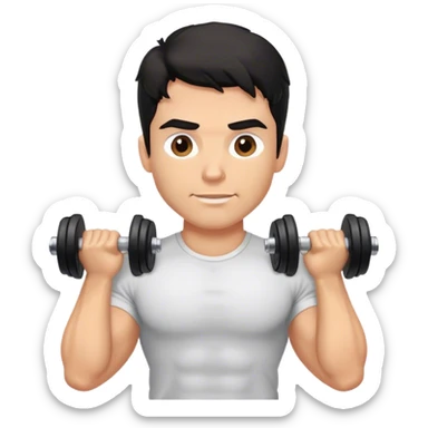 caucasian black haired wavy gym guy with dumbells shirt  sticker