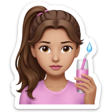 girl with wavy long ponytail brown hair, brown eyes, light to medium complexion, long lashes, light pink lipstick, wearing light pink shirt, in a hot sauna sticker