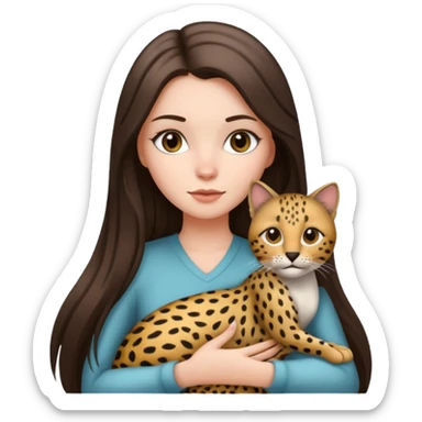 a white girl with brunette long straight hair holding a grey cat. the grey cat has black lines and cheeta prints in its fur. sticker