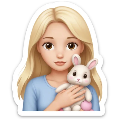 pretty blonde model with brown eyes cradling a  cute bunny stuffed animal plush sticker