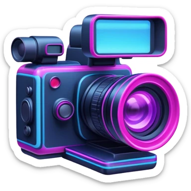 videographer's camera in pink and light blue colors, with neon glow lines, blue neon light on top left, purple neon light on bottom right sticker