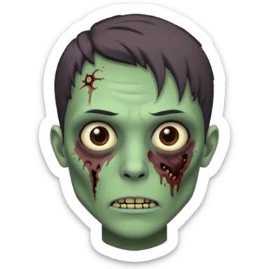 Create an emoji of a zombie person, with pastel green skin — nothing too dark. Give them a clean-cut hairstyle, dark brown eyes, and a few light wounds on the face. sticker