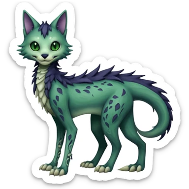 Kawaii spooky dark bleak blackish swampy white-skeletal gloomy ghostly dark greyish dark-deep-greenish foggy eldritch beautiful realistic edgy fantasy ghoul-like stitched feline-vernid-sergal-fursona animal creature with a tufted tail full body with intricate markings  sticker
