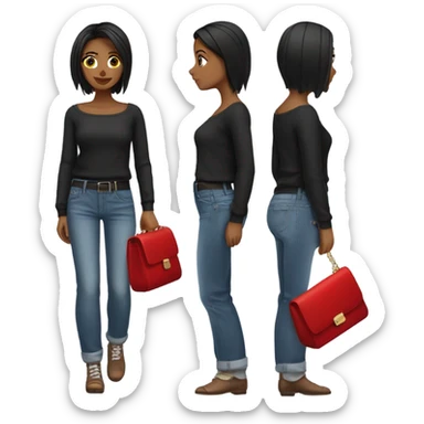 Stylish brunette girl with low rise baggy jeans white square neck top black sweater and red purse  sticker
