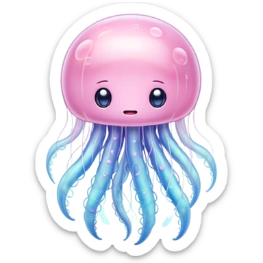 Cinematic floating kawaii jellyfish, tiny round body, soft glowing tentacles, pastel pink and blue hues, delicate sparkling highlights, dreamy and adorable. sticker