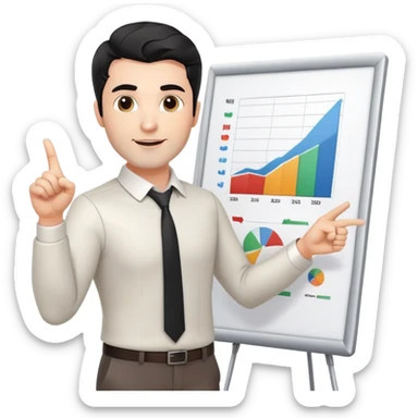 Professional 35-year-old man with black wavy hair, stubble, strong jawline, white skin tone, wearing smart casual business attire, standing and pointing at a presentation chart, teaching pose sticker