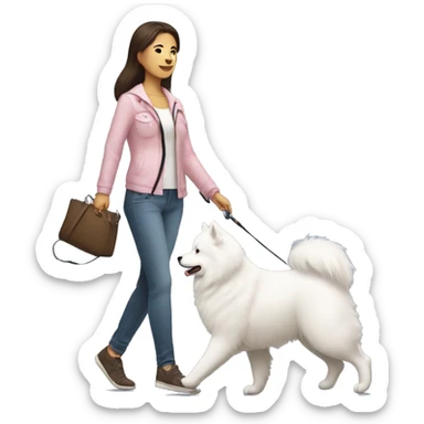 side profile full body view of brunette female with light pink skintone walking one samoyed dog on a leash sticker