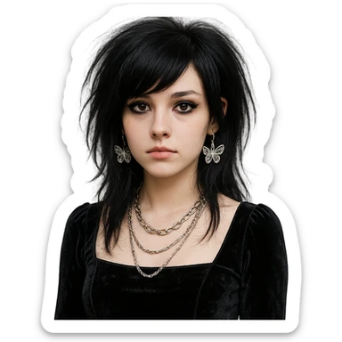 emo girl with heart-shaped face, velvet dress, silver chains, butterfly earrings sticker