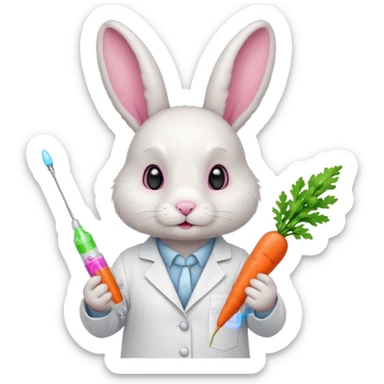 ​​White bunny in lab coat holding carrot syringe.







 sticker