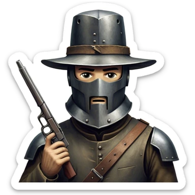 Cinematic Realistic Ned Kelly Portrait Emoji, depicted as the legendary Australian bushranger in his iconic homemade iron helmet and armor, gripping a revolver with a defiant stance. The scene is rendered with gritty textures and dramatic, shadowed lighting, evoking the lawless frontier and his rebellious, fearless legacy. sticker