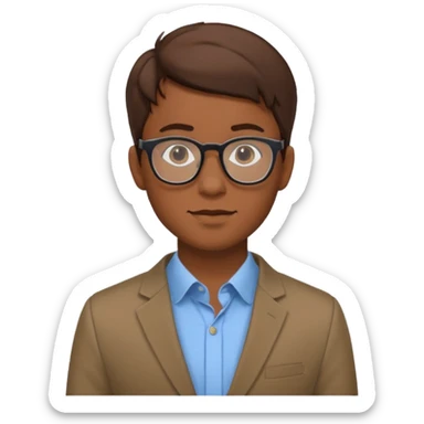 a man in his early 20s wearing glasses for a tech company, his job is marketer, extroverted, brown hair sticker