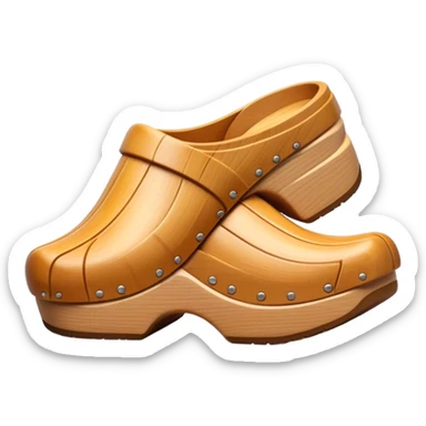 Cinematic Realistic Wooden Clogs Emoji, depicting the classic handcrafted footwear with a smooth, curved design and sturdy wooden soles, rendered with rich textures and warm, natural lighting. sticker