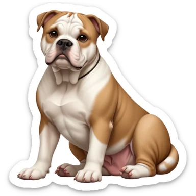 cinematic-[american bulldog]-realistic-full-body-sitting-emoji,-tail-resting-loosely-beside-its-paws,-head-tilted-dramatically,-sleek-[brown fawn]-fur,-simplified-yet-realistic-focused-features,-highly-detailed,-glowing-with-an-almost-sarcastic-glow sticker