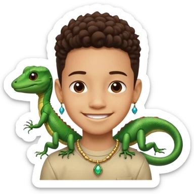 smiling boy with jewelry next to cartoon ant and lizard sticker