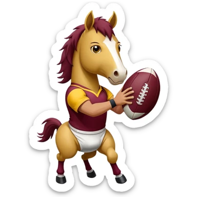 Angry horse wearing maroon and yellow jersey hold white rugby ball sticker