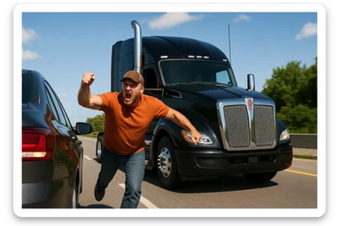 Modern black Kenworth W680 semi sleeper truck with chrome stack, behind a car on the highway. The driver is angry, bald, wearing an orange shirt and a baseball cap, with arm out the window. Energetic and clear scene on the road with both vehicles visible. sticker