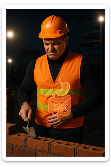 a construction worker in a reflective vest and hard hat is laying bricks at a nighttime construction site, illuminated by strong work lights. He pauses, one hand on his abdomen with a pained or uncomfortable expression, while the other holds a trowel. In the background, scaffolding and machinery are visible under the night sky. Subtle icons or overlays highlight digestive organs, suggesting the need for intestinal balance. sticker