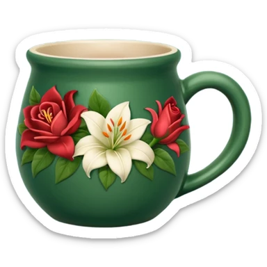 dark green mug, pottery no spoon with roses and lilies designed on it  sticker