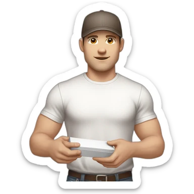 Pale skinned fit Man with dark brown hair in a light gray cap, dark brown jeans, brown polo and white T-shirt keeping a pasted with tape white box into his hands sticker