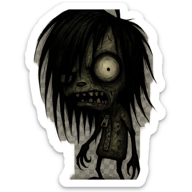 GIR zombie, long black emo hair, shaggy, dark, with a creepy and spooky expression sticker