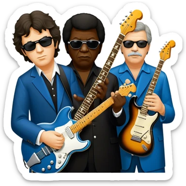 Icon for Blues Music: close-up collage of legendary blues artists. Gary Moore, Eric Clapton, B.B. King and Joe Cocker. Represented by silhouettes or symbolic items like guitars, microphones, or music notes, reflecting the soulful energy of blues music. Transparent background. sticker