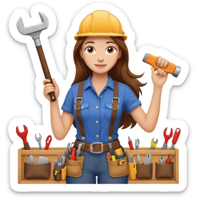 beautiful girl with long brown hair constructing new kitchen cabinets sticker