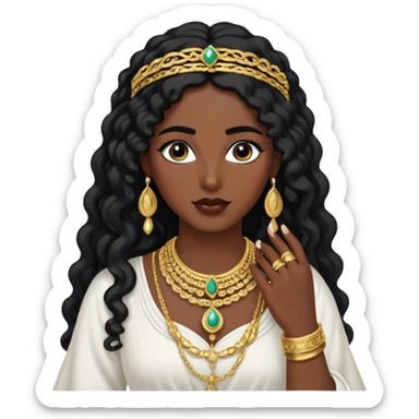 The Palestinian woman, she had long curly black hair and well defined eyebrows wears a white traditional dress. Her accessories steal the spotlight—intricately designed gold bangles, statement rings, and layered necklaces— she doesn’t have a head or hair accessories sticker