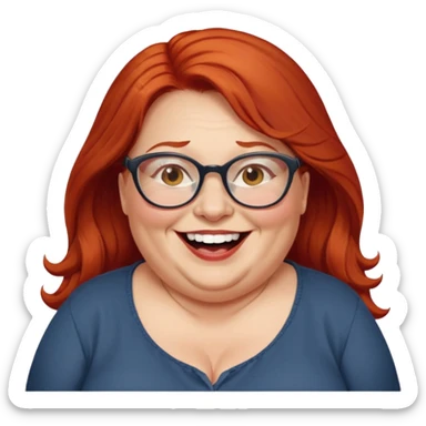 obese; older 50's ; long red hair ; women hazel eyes; glasses ; laughing sticker