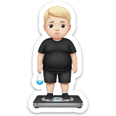 sad fat young boy in black t shirt on weight scale  sticker