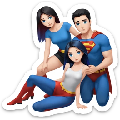 Art of woman's very gorgeous body scheme anatomy-bare shoulders and front-blue eyes-very long straight black to blue hair ombre-kneeling-front-leaning back-looking at male redish brownish haired man in superman shirt  to her side sticker