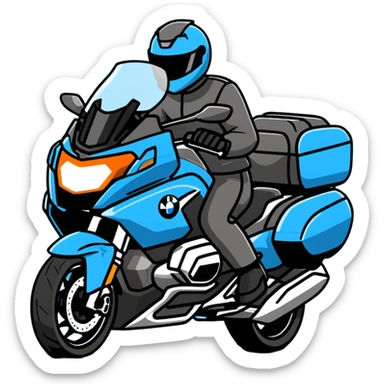 blue BMW R 1200 RT touring motorcycle with rider on road sticker