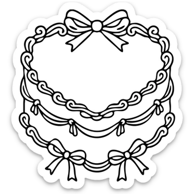 Outline illustration of a heart-shaped birthday cake in two sizes, single color tint, border with decorated cream outline and bows, no writings or candles, in the style of the reference image. sticker