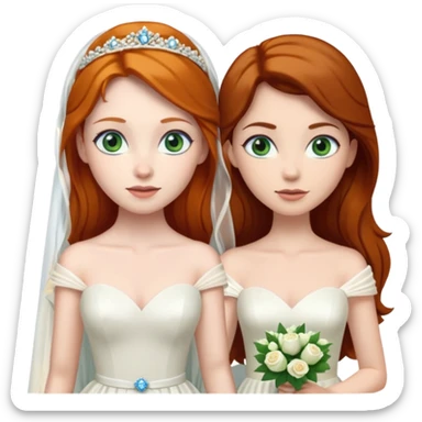 A ginger woman with blue eyes, marrying a taller, pale woman with very dark brown hair and green eyes, both in wedding dresses. sticker