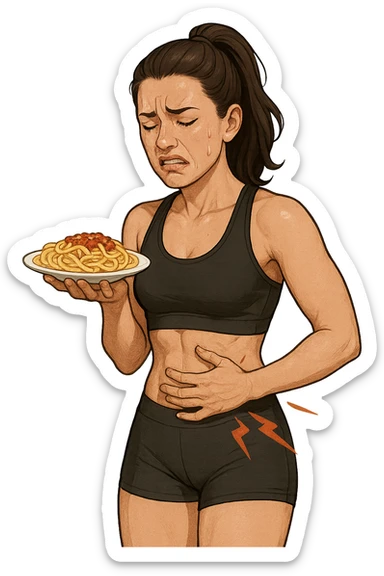 DONNA FITNESS CON PIATTO DI PASTA IN MANO E MAL DI PANCIA, FA FATICA A DIGERIRE sticker