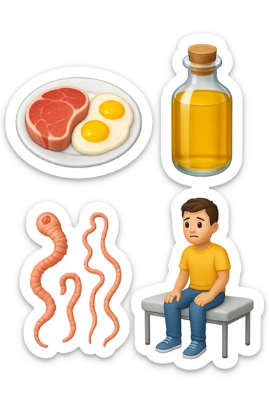 emoji stile iphone di UN PIATTO CON CARNE ROSSA E UOVA, UNA BOTTIGLIA DI OLIO DI SEMI, DUE PARASSITI TIPO LA TENIA, UOMO SEDUTO SU UN LETTINO DA FISIOTERAPISTA, IPERREALISTICO 4K sticker