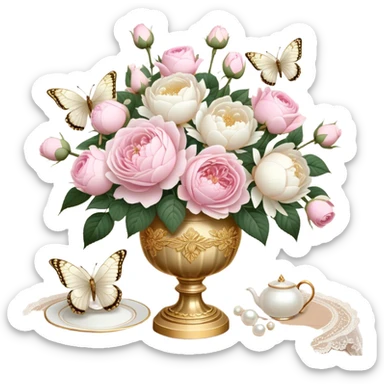 A romantic vintage still life featuring a bouquet of soft pink roses and lush white peonies in an ornate gold-trimmed ivory vase, with delicate pearl butterflies resting on the petals, set on a lace-covered wooden table. sticker
