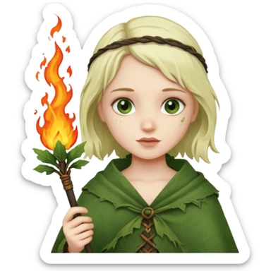 ancient european girl, tattered leaf green cloth, hold fire stick sticker