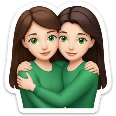 A brunette sister with green eyes and a brunette sister with green eyes in different clothes together hugging sticker