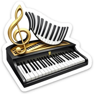 Create an elegant and festive emoji collage representing keyboard instruments, styled like a heraldic emblem. The design should feature a central focal point of black and white piano keys, arranged in a semi-circular or shield-like shape. Around the piano keys, add intertwining musical notes that form flowing ribbons, creating a dynamic and celebratory atmosphere. The design should be professional, with polished silver and gold accents on the keys and notes, highlighting the luxury and sophistication of the instruments. Add subtle shading and lighting effects to give the design a refined, 3D appearance. The background should remain transparent, and the overall feel should evoke grandeur, artistry, and a sense of celebration. sticker