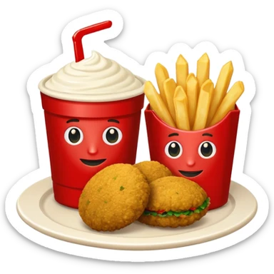 falafel and fries, with two containers with  red sauce and white sauce  sticker