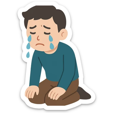 flat toon style sad Asian man kneeling, crying sticker