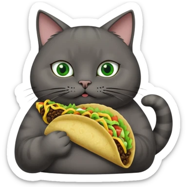 Fat dark gray cat with green eyes eating a taco  sticker