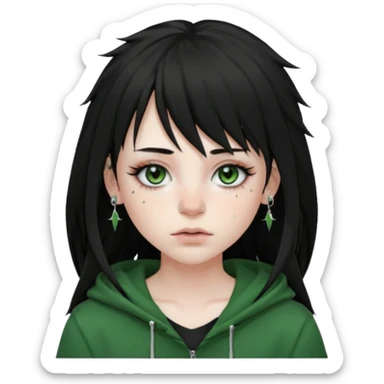 girl with black long layered hair with wispy bangs, pale skin, black t shirt, freckles on nose, dark nude colored lipliner, fluffy lashes, green hooded eyes, black spiky septum ring, eyebrow piercing, blush, thin black eyebrows. sticker