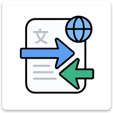 clean minimalist icon of a white rounded paper sheet with subtle horizontal lines or faint glyphs suggesting multilingual text, tiny globe overlay at the top right corner, two bold intersecting arrows from sides, left-to-right arrow in deep blue #2E5FFF, right-to-left arrow in vibrant green #00C781, professional and minimalist style suitable for translation tools sticker