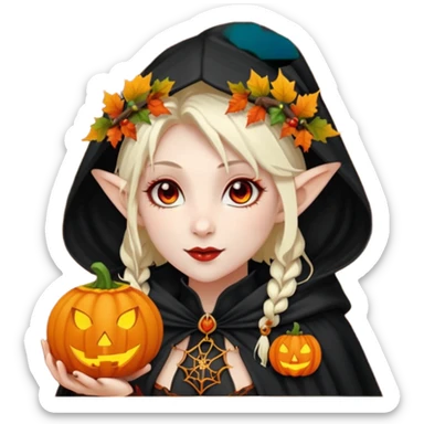 female elf vampire emoji, pale skin, red eyes, elegant face, autumn leaf and pumpkin wreath on head, black hooded cloak with cobweb details, holding small glowing pumpkin lantern, Halloween fantasy theme, Apple emoji style, clean white background, square sticker
