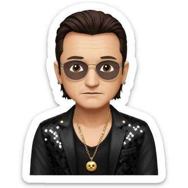 Bono with black sequin jacket, black shirt with necklace, dark brown medium hair sticker